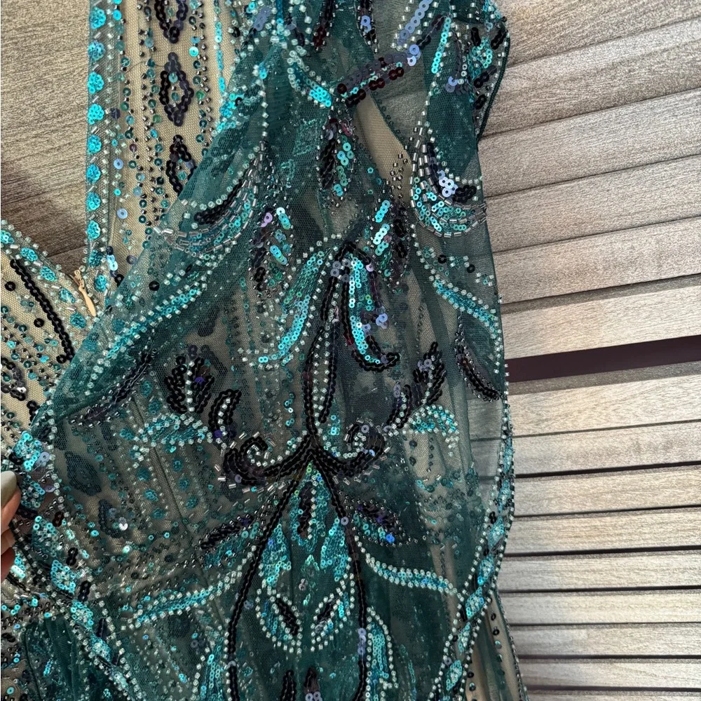 Babeyond 1920s Gatsby Beaded Dress Size 16 Teal Art Deco Formal Gown - Picture 7 of 12
